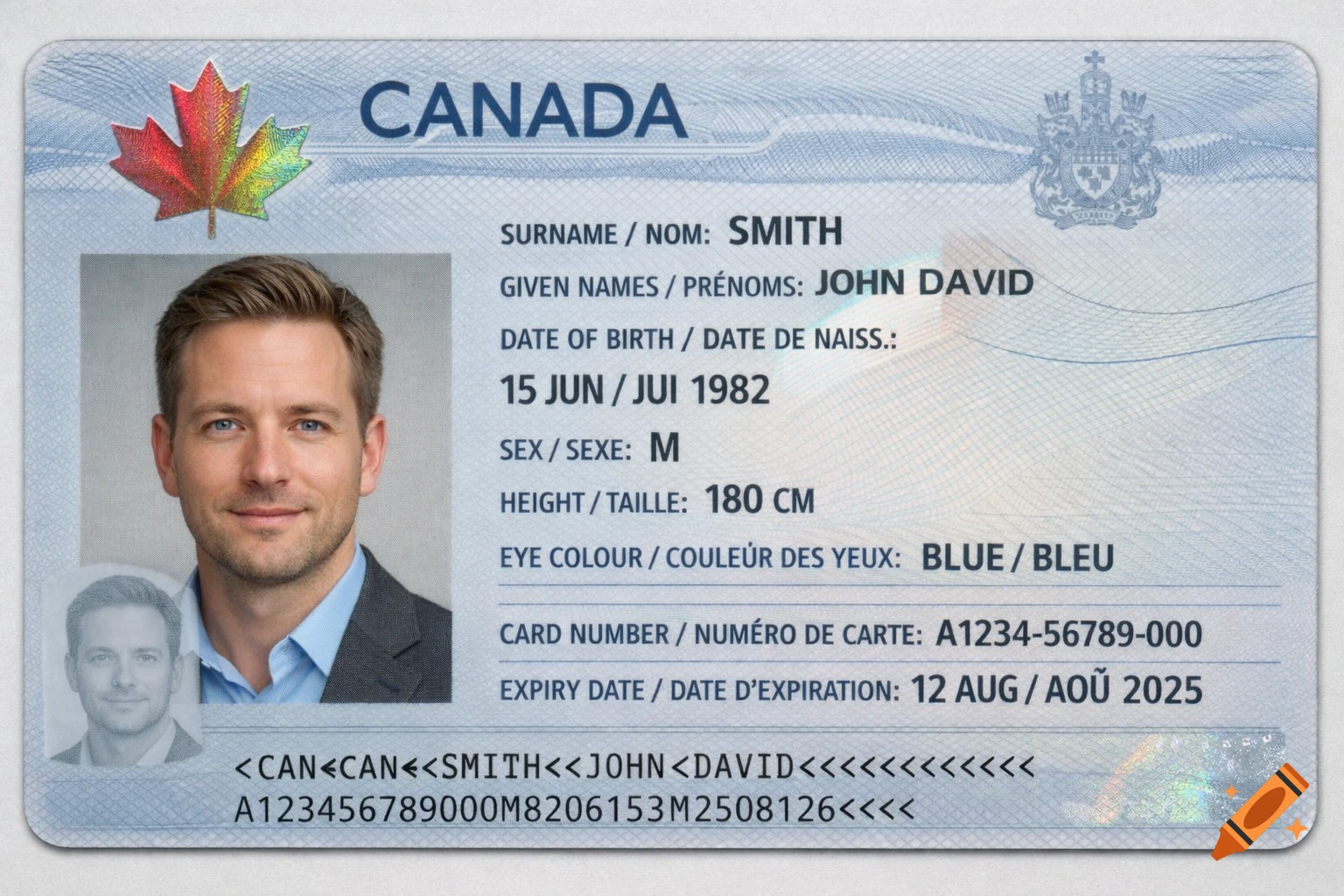 A photorealistic image of a Canadian ID card with a man's photo, displaying personal details and security features.