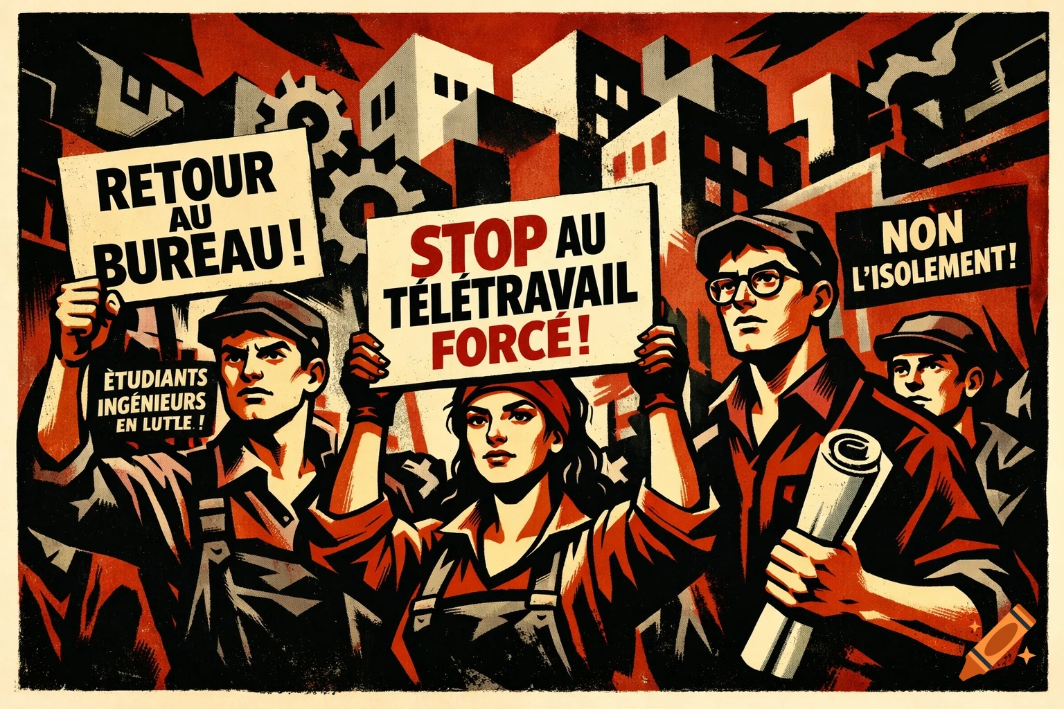 Propaganda art style image of students protesting, holding signs in French like "Return to the office!" and "Stop forced remote work!"