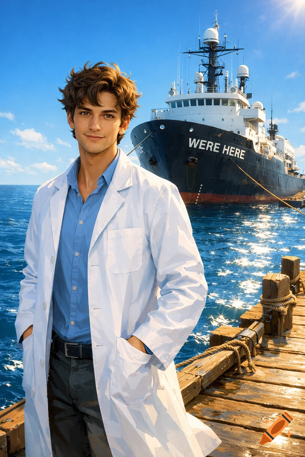 A young man in a lab coat stands on a wooden dock with a large ship named 'WERE HERE' in the sunny blue ocean behind him. Realistic illustration.