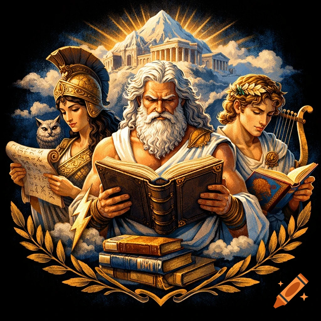 Colorful illustration of three Greek gods, Zeus, Athena, and Apollo, reading books against a backdrop of Mount Olympus and a sunburst.