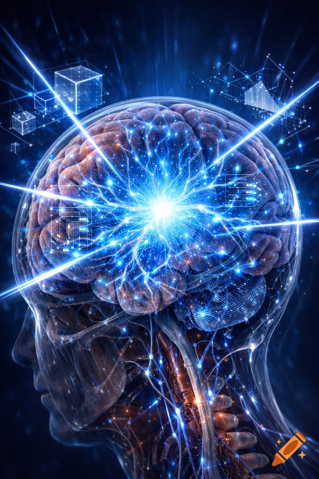 Conceptual art of a glowing blue human brain with neural pathways extending through the transparent head and body, surrounded by abstract data.