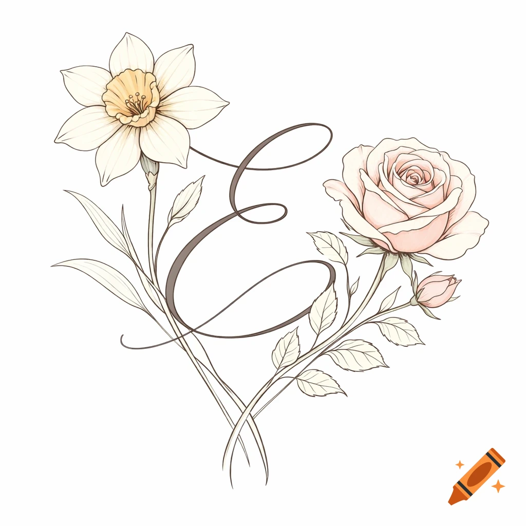 Delicate line art drawing of a daffodil and a rose intertwined with a decorative capital letter E on a white background.