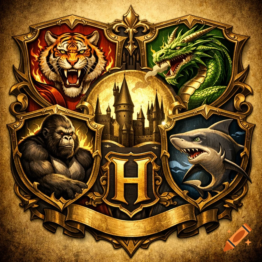 A detailed golden crest featuring a roaring tiger, a green dragon, a gorilla, and a shark surrounding a castle with a prominent gold 'H' in the center.