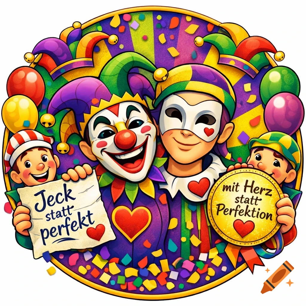 Colorful round cartoon illustration of carnival figures, including a clown and a masked person, surrounded by confetti and balloons, holding signs with German text.