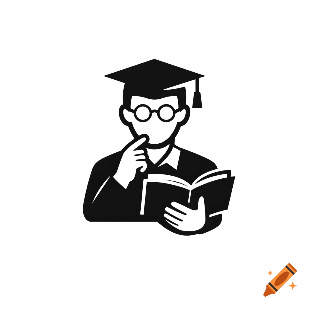 A black and white icon of a student in a graduation cap and glasses, holding an open book and contemplating.