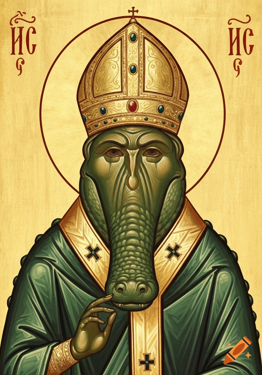 A front-facing alligator bishop with green scales wearing an ornate gold mitre and green robes, in the style of an Eastern Orthodox icon with a luminous gold background.