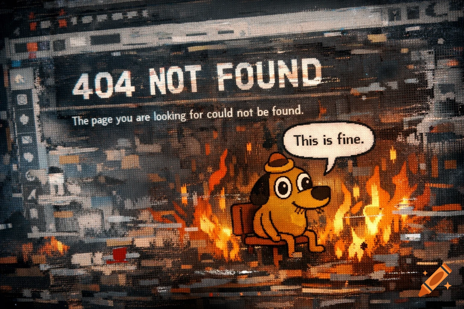 The 'This is fine' dog meme sits calmly in a burning room with a glitchy '404 NOT FOUND' error page in the background.