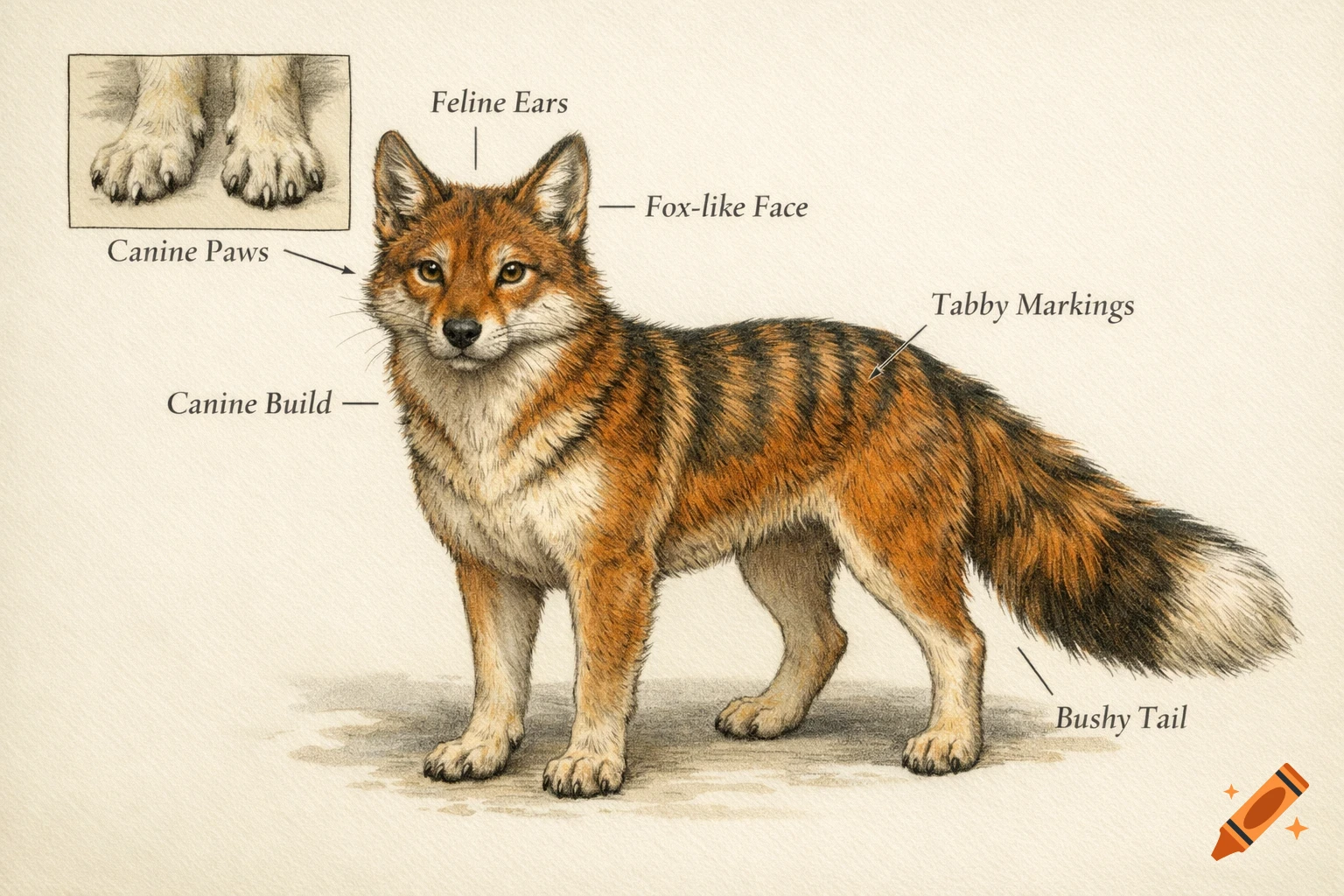 A detailed textbook-style illustration of a hybrid animal, combining dog, cat, and fox features, with labels pointing to its feline ears, fox-like face, tabby markings, canine paws, canine build, and bushy tail.