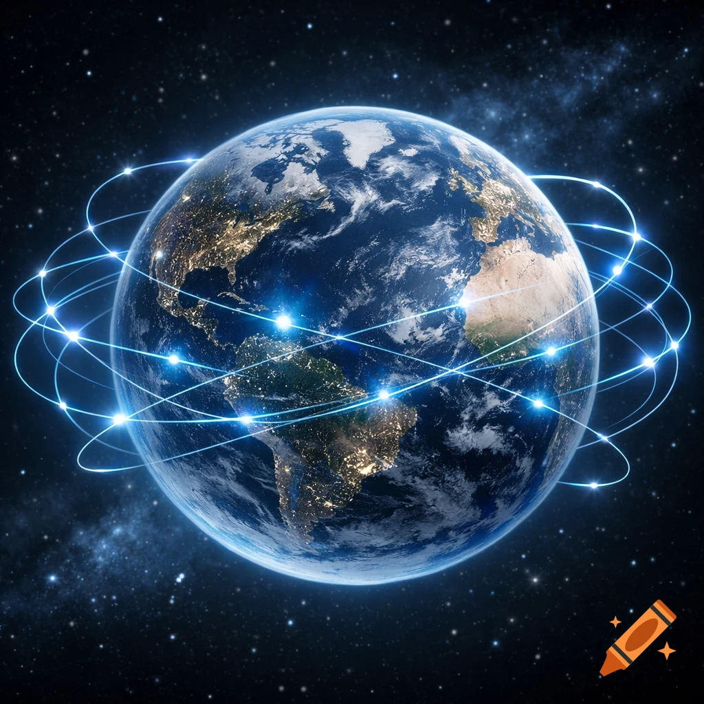 Photorealistic Earth at night, seen from space, encircled by glowing blue network lines and connection points against a starry sky.