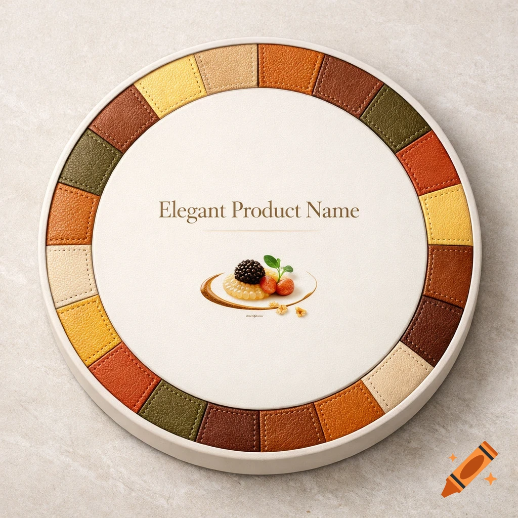 A round, white product box with "Elegant Product Name" and a small dessert illustration in the center. Its rim is adorned with a circular pattern of multi-colored leather swatches, rendered in a photorealistic style.