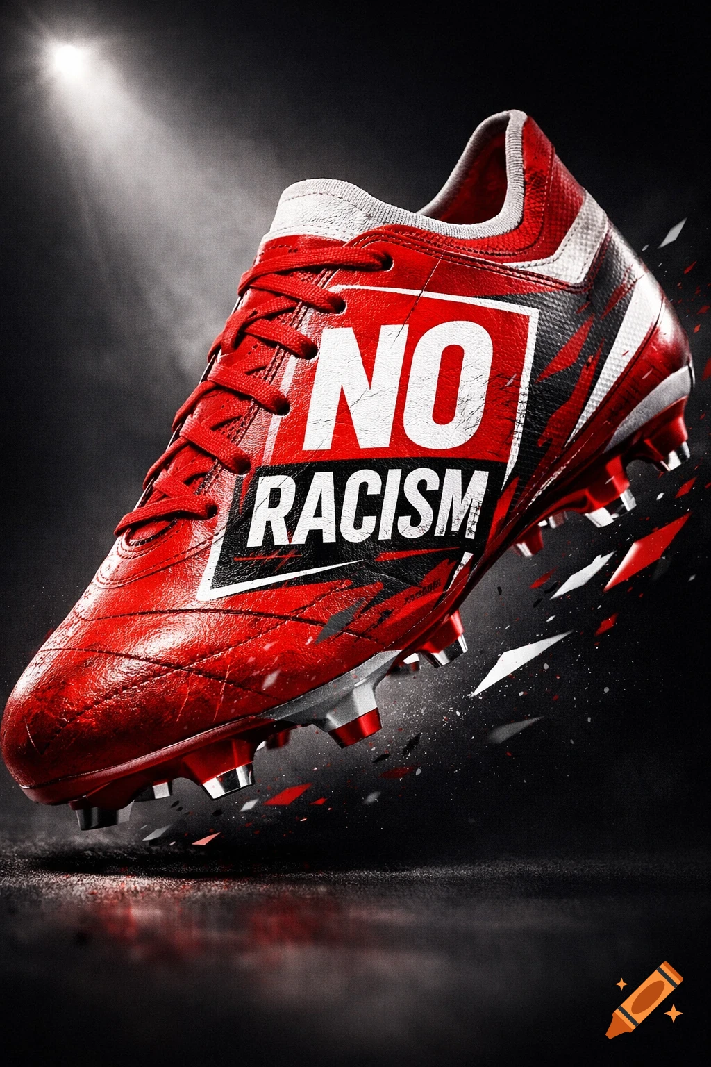 Red football boot with 'NO RACISM' text on its side, dynamically lit against a dark background with shattering graphic elements.