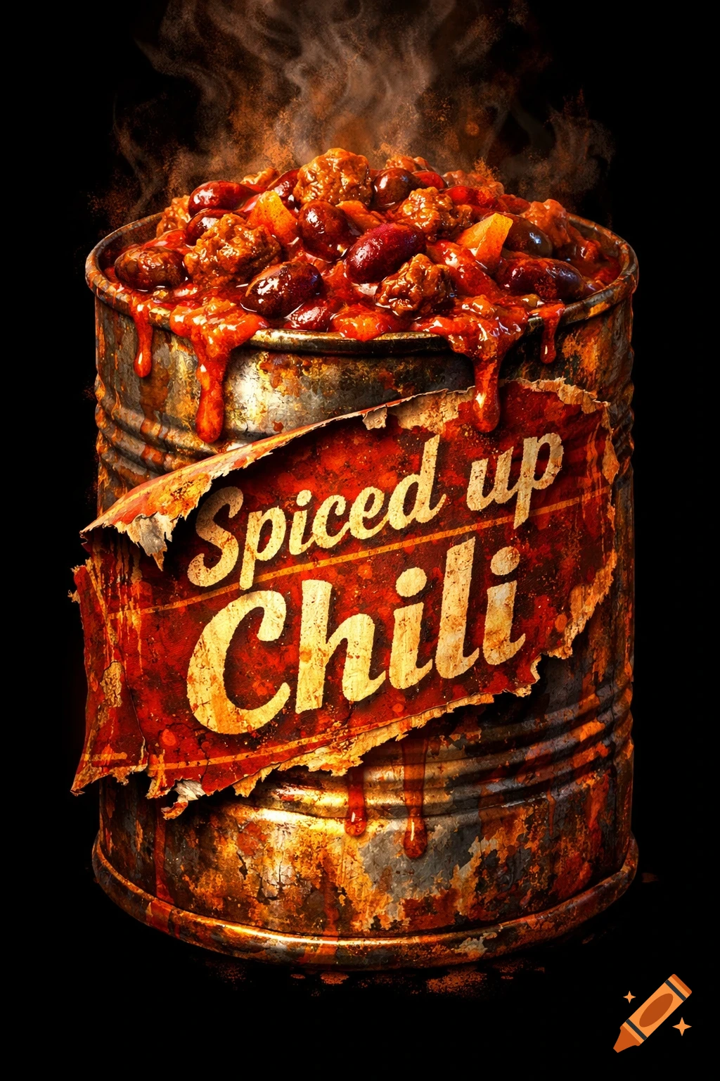 A steamy can of chili con carne with a peeling, rusty label reading 'Spiced up Chili' on a black background.