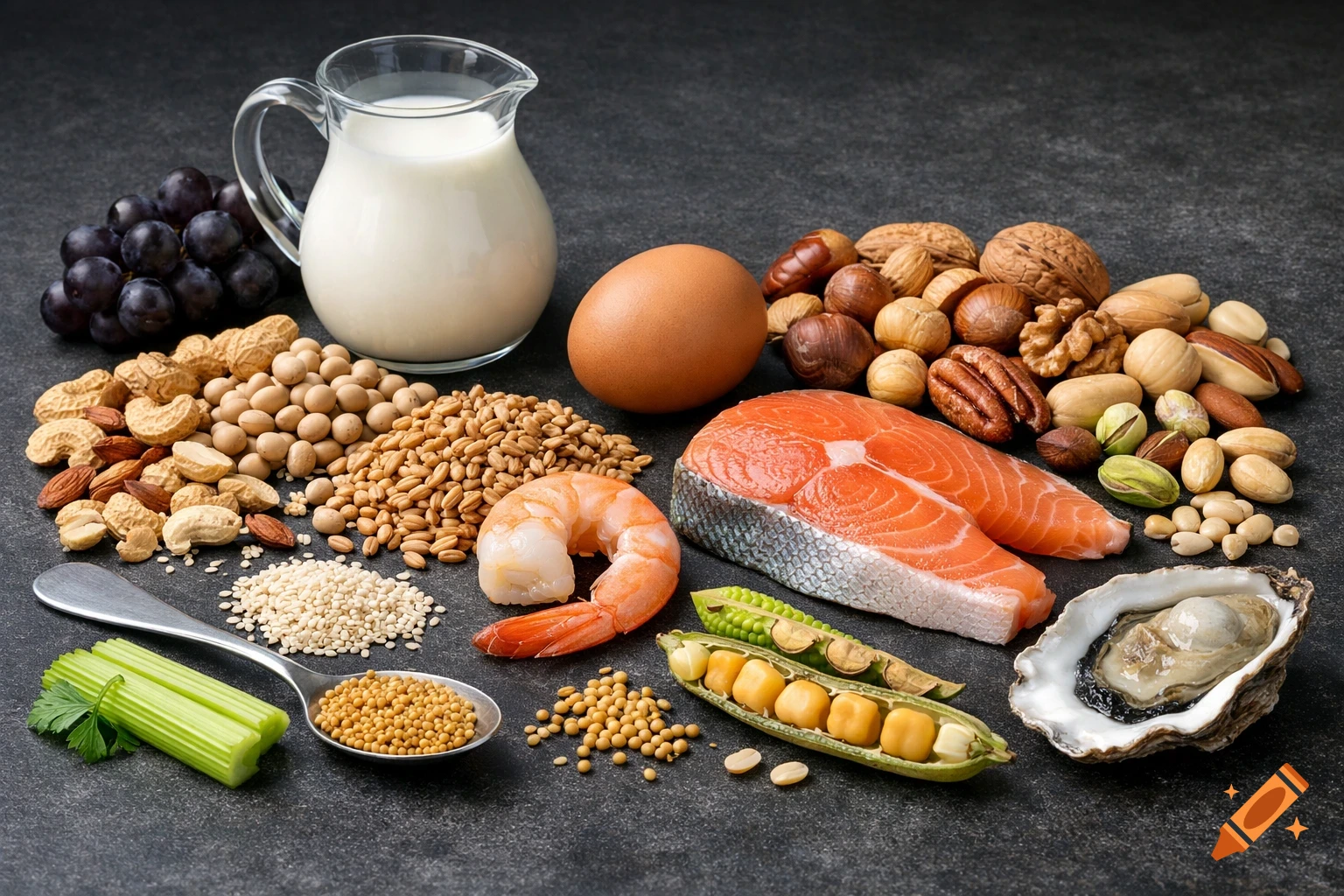 A diverse arrangement of common food allergens, including nuts, grains, seafood, milk, an egg, grapes, and celery, on a dark background.