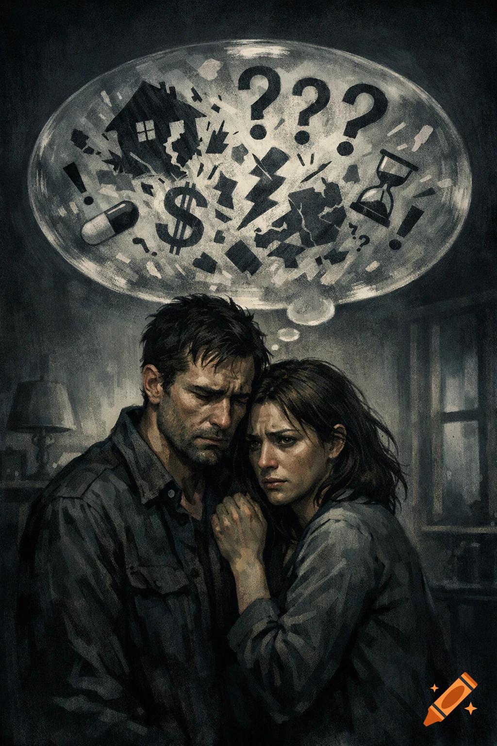 A distraught man comforts a woman, with a thought bubble above their heads showing symbols of stress, rendered in a dark, gritty style.
