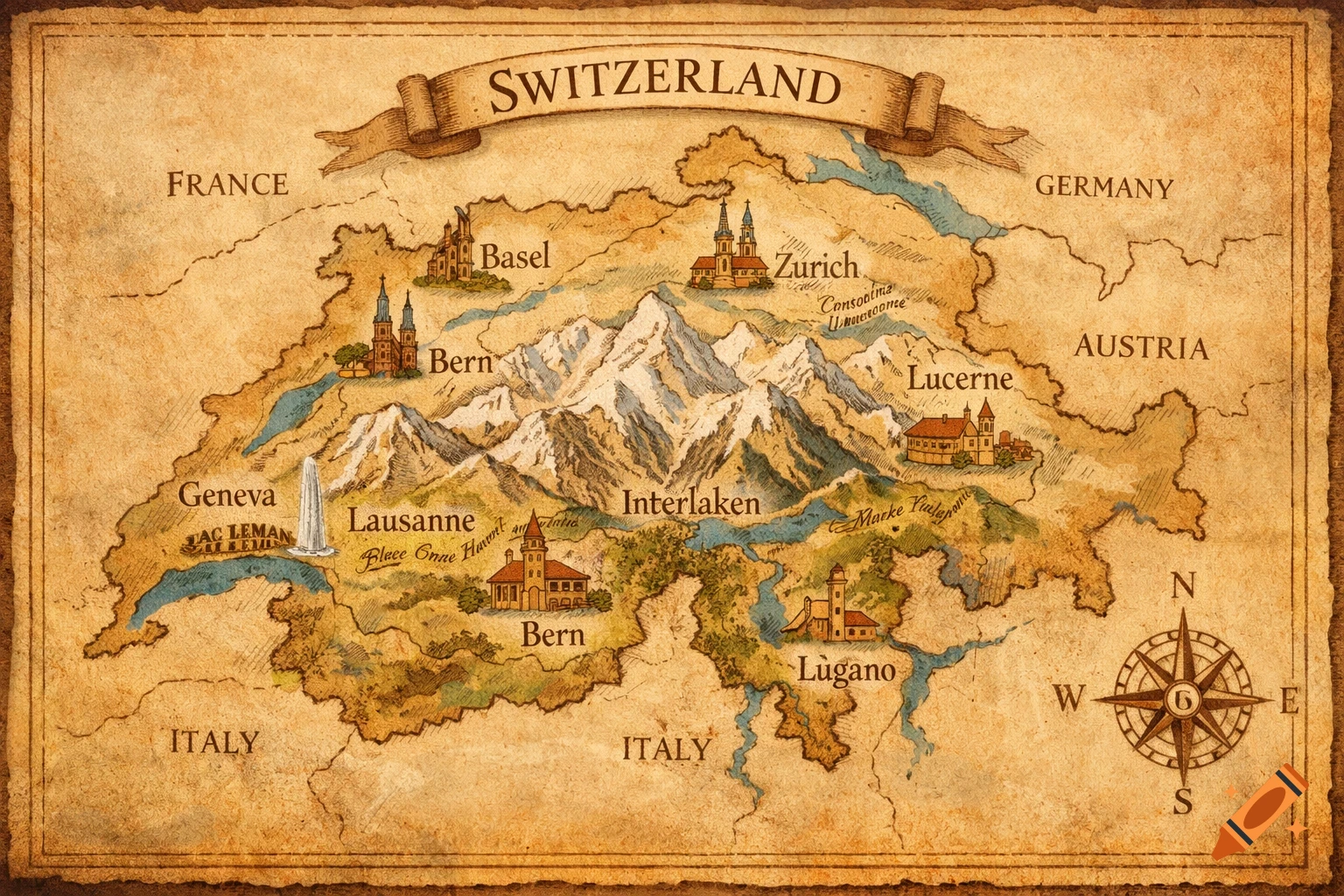 A vintage-style artistic map of Switzerland, featuring cities, mountains, lakes, and surrounding countries on aged paper.