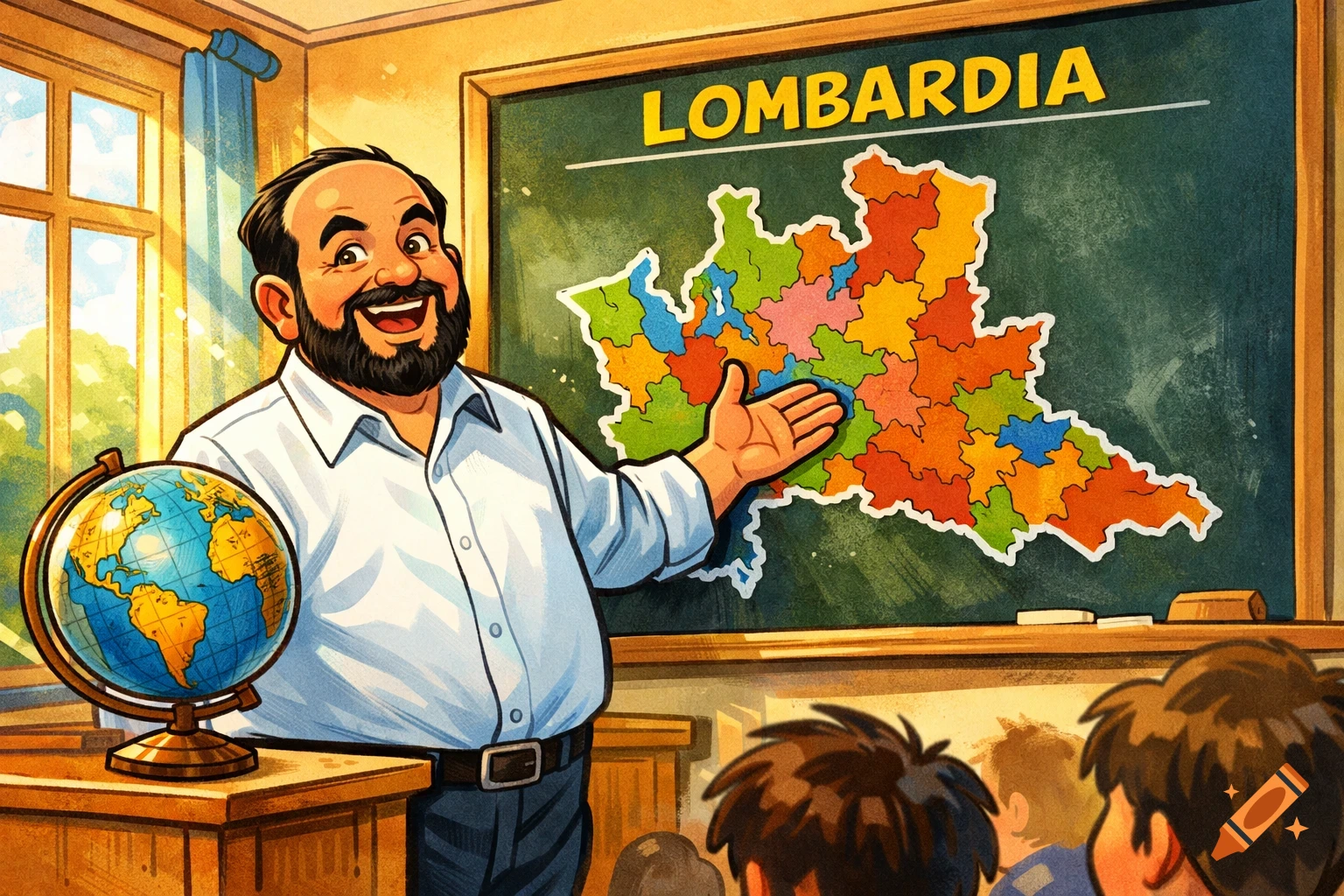 A cartoon teacher in a classroom points to a colorful map of Lombardy on a blackboard next to a globe.