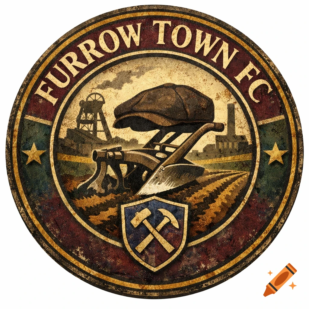 A vintage-style circular football badge for Furrow Town FC, featuring a flat cap, plow, industrial elements, and a shield with crossed tools.