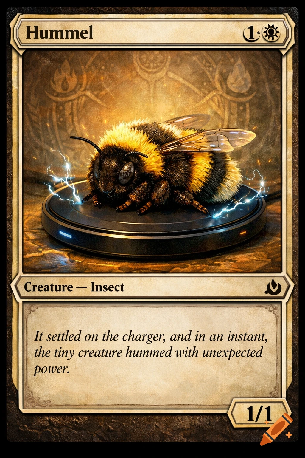 A Magic the Gathering card titled "Hummel" depicting a fluffy bumblebee on a black wireless charger with blue electrical sparks.