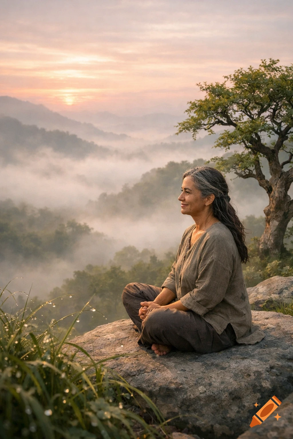 A woman meditates in a cross-legged position on a rock, overlooking a misty mountain valley during sunrise, with dew-kissed grass nearby.