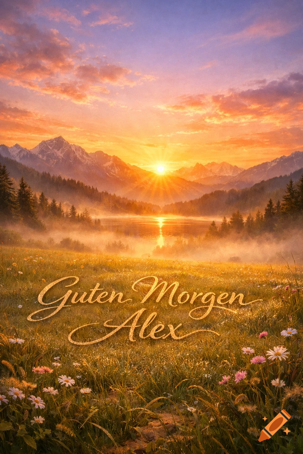Photorealistic sunrise over a misty mountain lake and a grassy meadow with flowers, with 'Guten Morgen Alex' written in script.