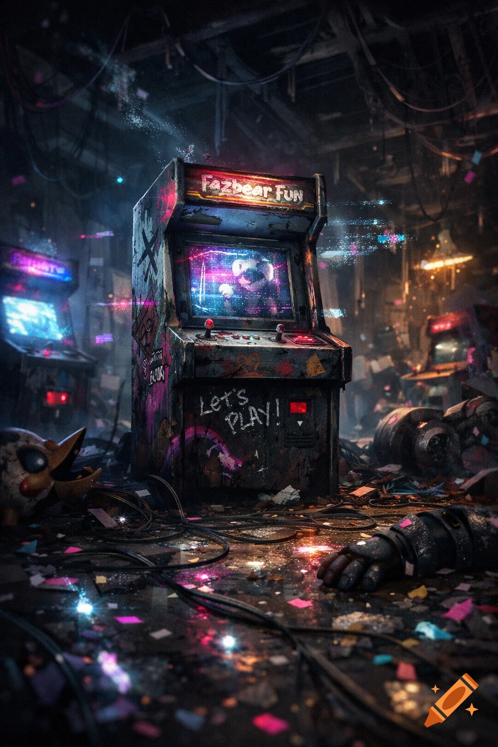 An abandoned, neon-lit 'Fazbear Fun' arcade machine stands in a ruined arcade littered with debris and animatronic parts.