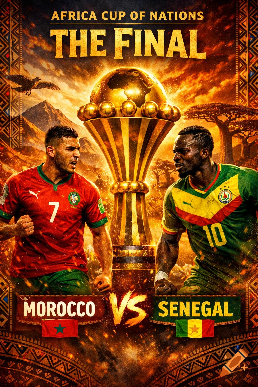 Vibrant Africa Cup of Nations football final poster: Morocco vs. Senegal, with players, a golden trophy, and African landscapes.