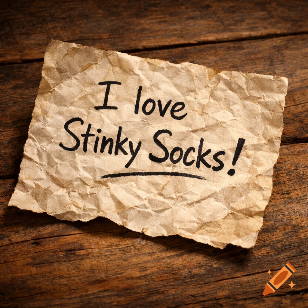 A crumpled piece of paper with the handwritten phrase "I love Stinky Socks!" resting on a rustic wooden surface.