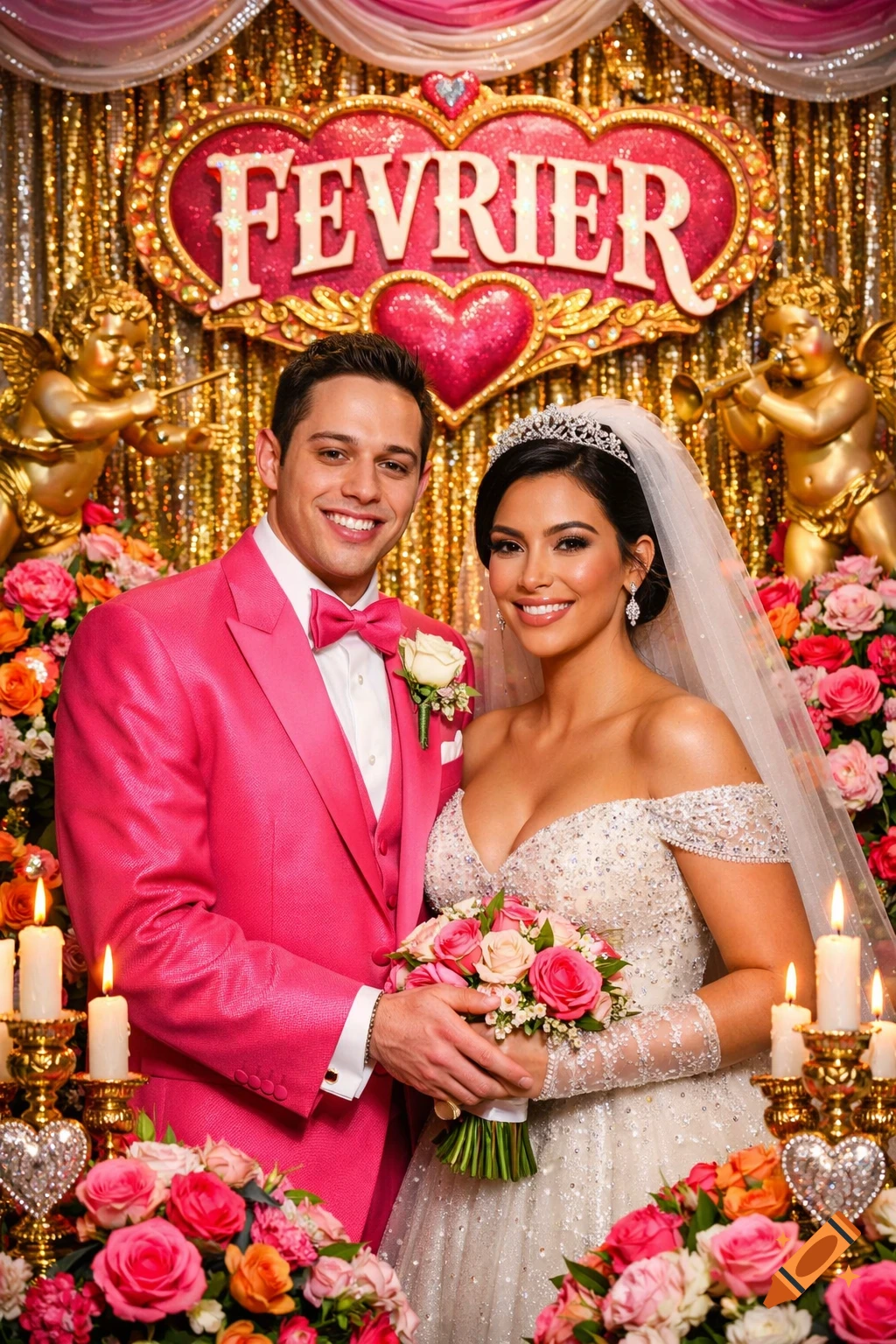 A smiling wedding couple, the groom in a pink suit and bride in a white dress, pose against a vibrant, kitschy backdrop with a 'FEVRIER' sign and cherubs.