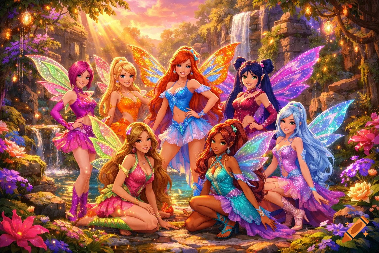 Seven diverse, colorful anime-style fairies pose in an enchanted forest with waterfalls, glowing lights, and vibrant flowers.