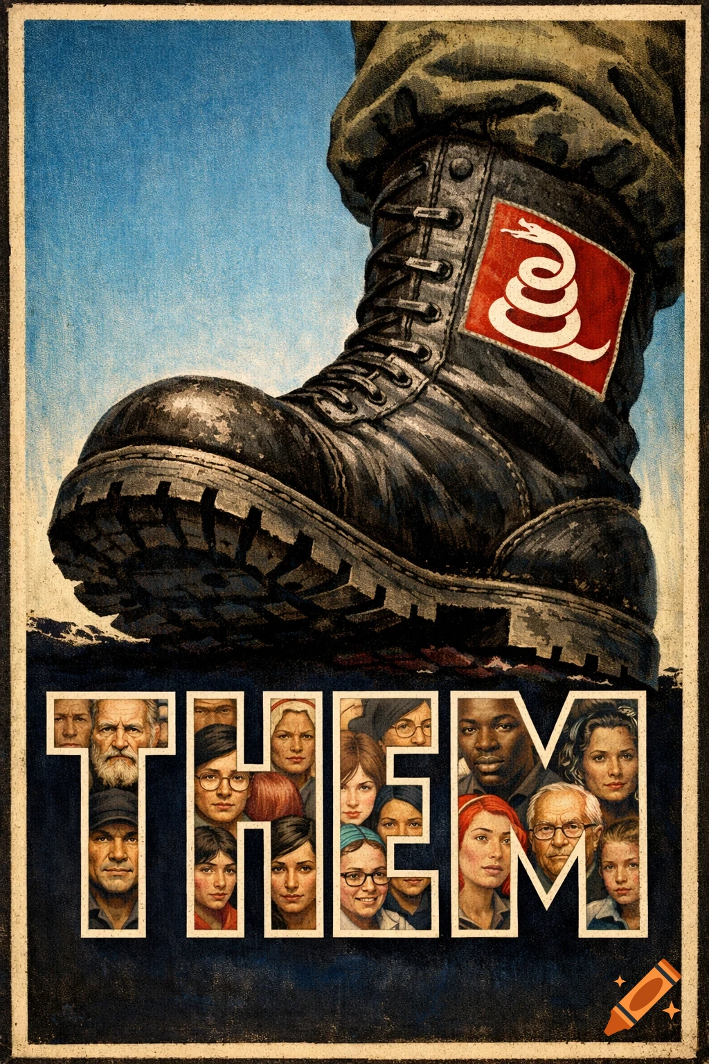 Vintage propaganda poster of a military boot with a coiled snake insignia stomping on the word 'THEM' formed by diverse faces.