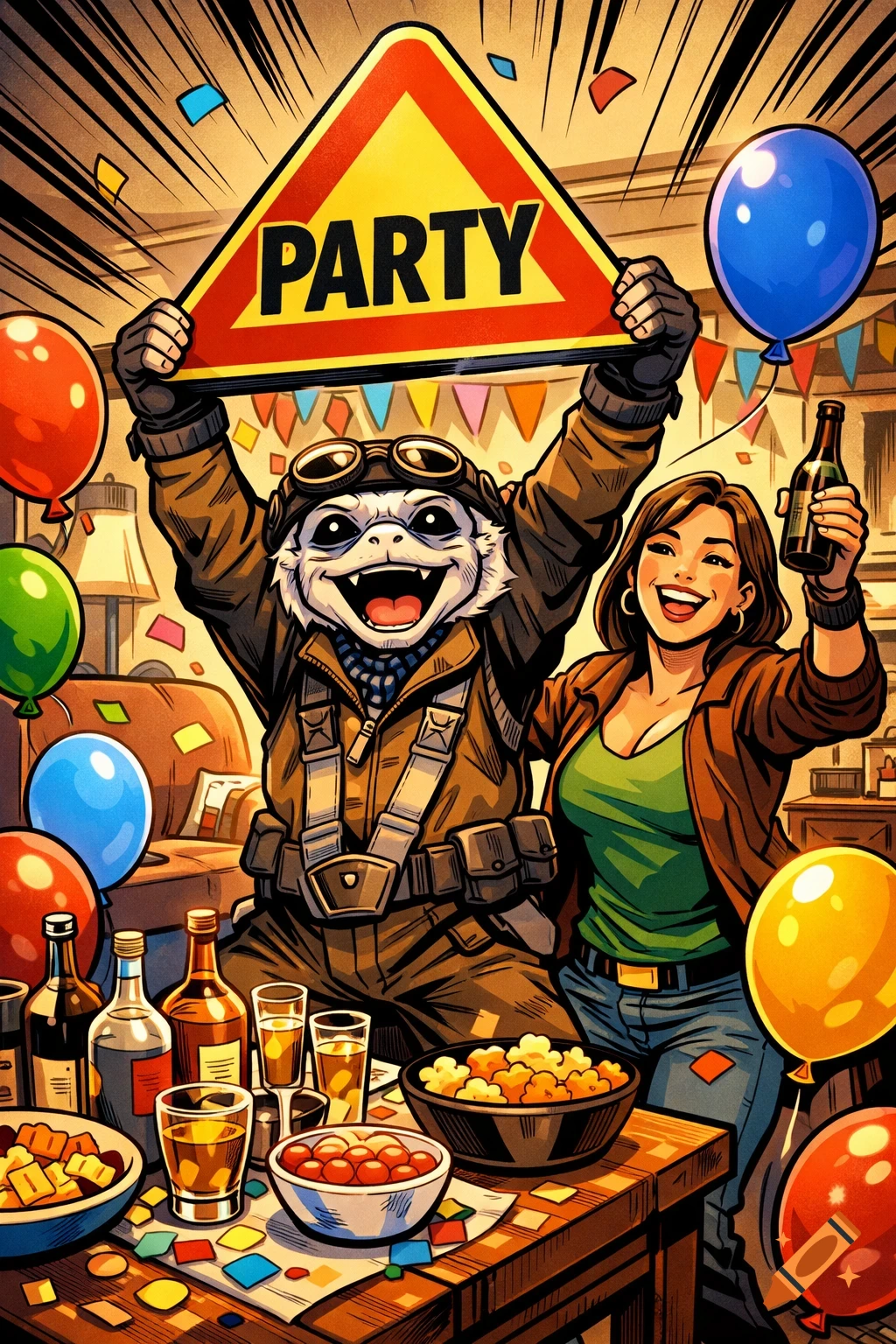 A humanoid alien and a woman in comic style celebrate at a party, holding a 'PARTY' sign, surrounded by balloons and drinks.