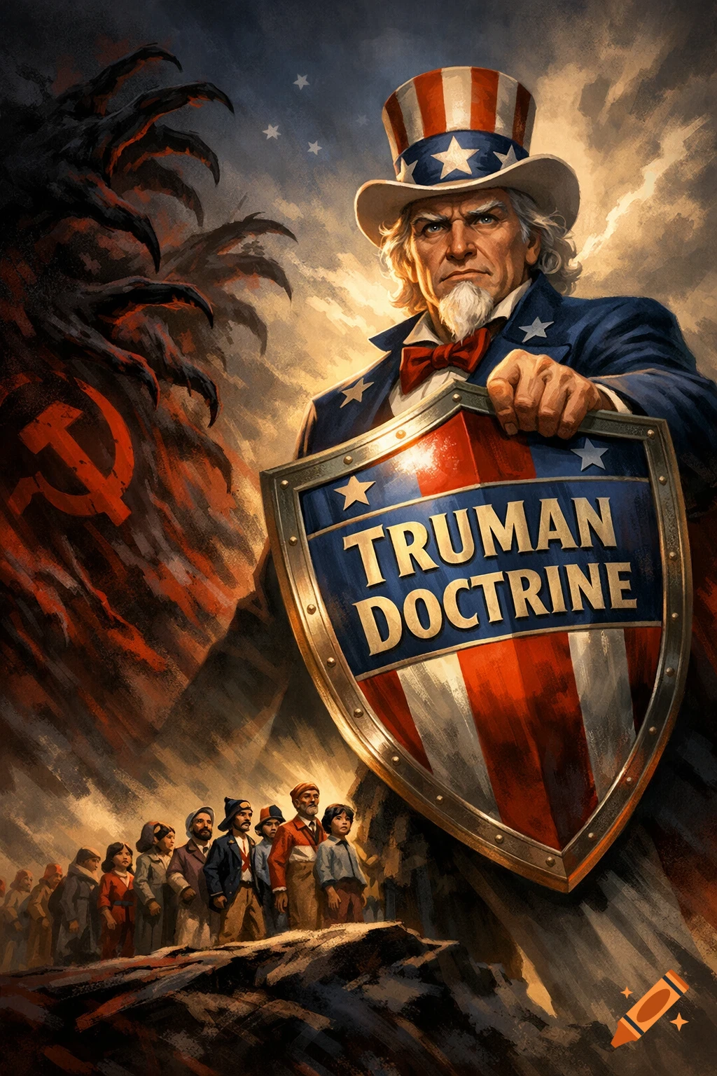 A detailed illustration of Uncle Sam holding a shield labeled 'Truman Doctrine', protecting people from a monstrous, communist-themed entity.