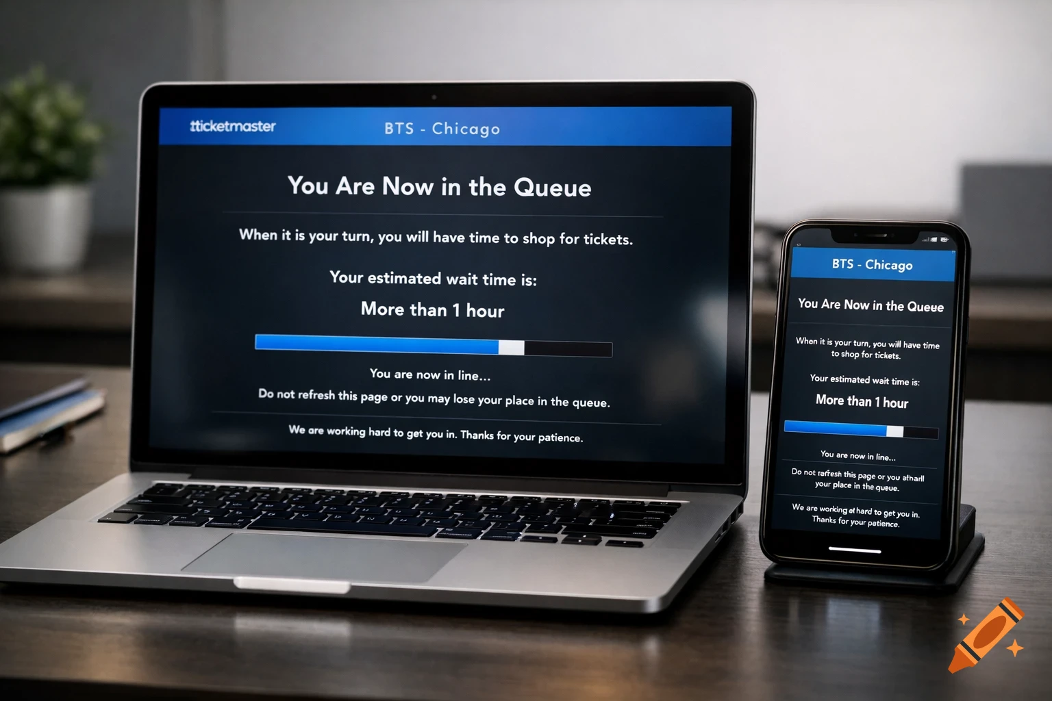 Photorealistic image of a laptop and a smartphone on a modern desk, both displaying a Ticketmaster queue for a BTS Chicago concert.