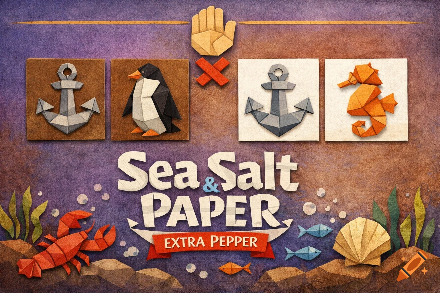An origami-style game card featuring marine life icons, a stop hand, and the text 'Sea & Salt PAPER EXTRA PEPPER'.