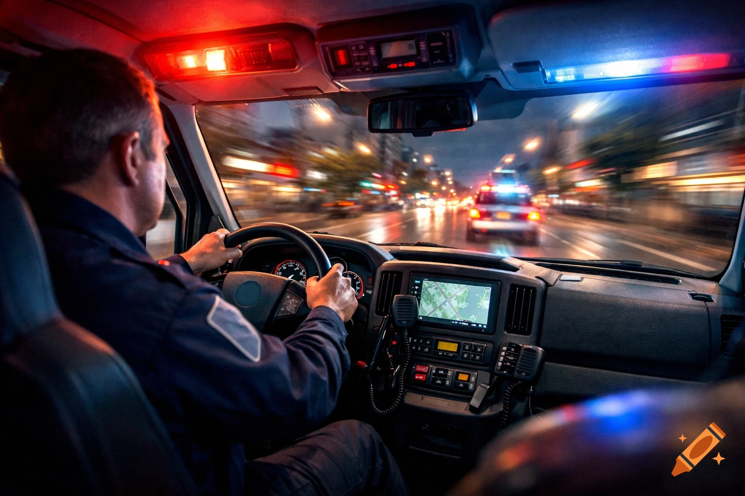 View from inside a police car at night, showing an officer driving with red and blue emergency lights flashing, pursuing another vehicle through city streets.