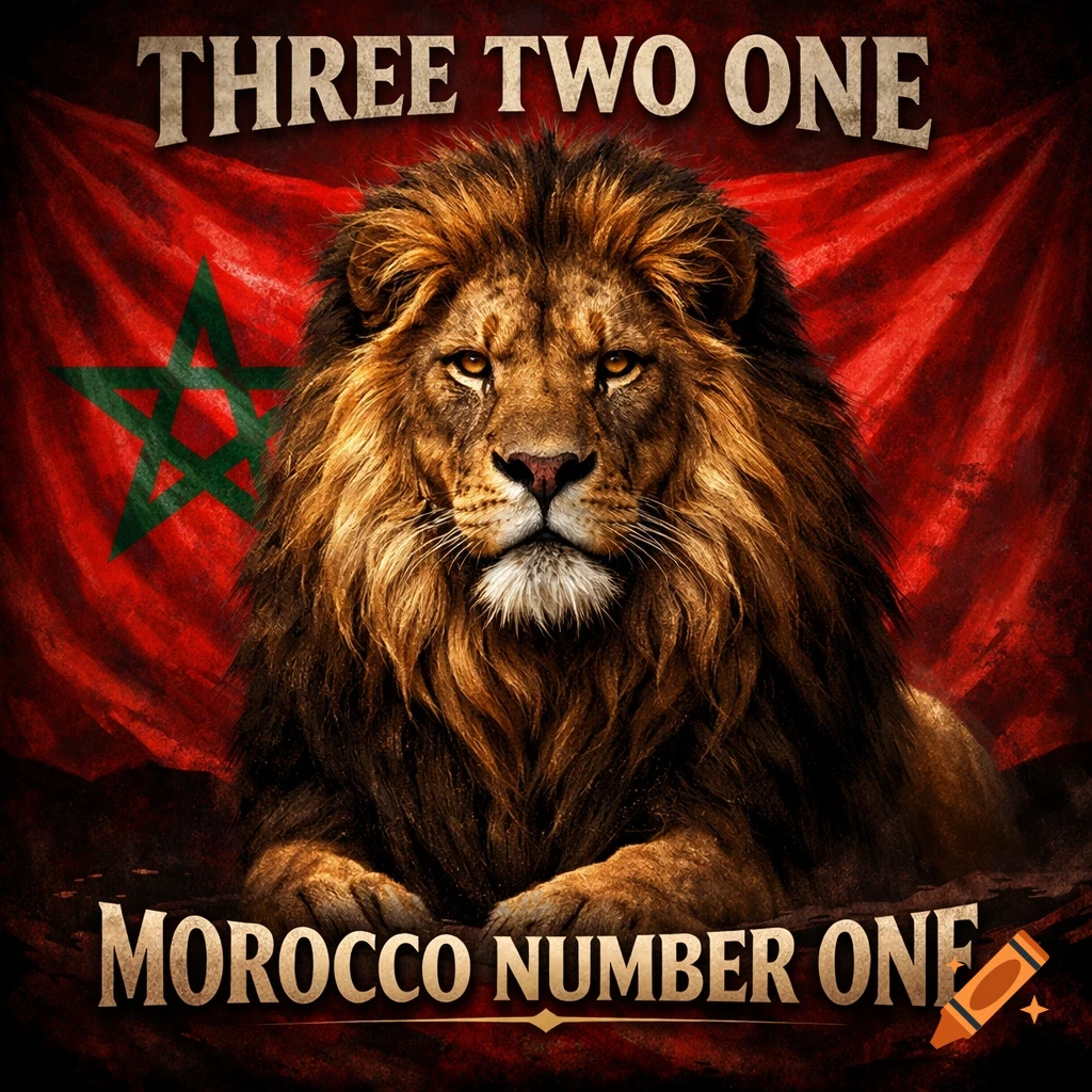 A majestic, photorealistic lion with an intense gaze rests against a waving Moroccan flag, with 'THREE TWO ONE' at the top and 'MOROCCO NUMBER ONE' at the bottom.