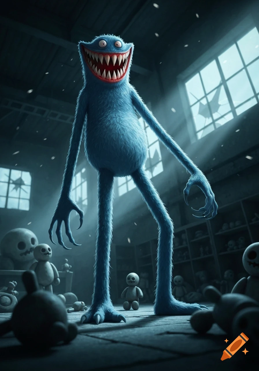 A tall, blue, furry monster with sharp teeth and wide eyes grins in a dark, abandoned room filled with scattered toys.