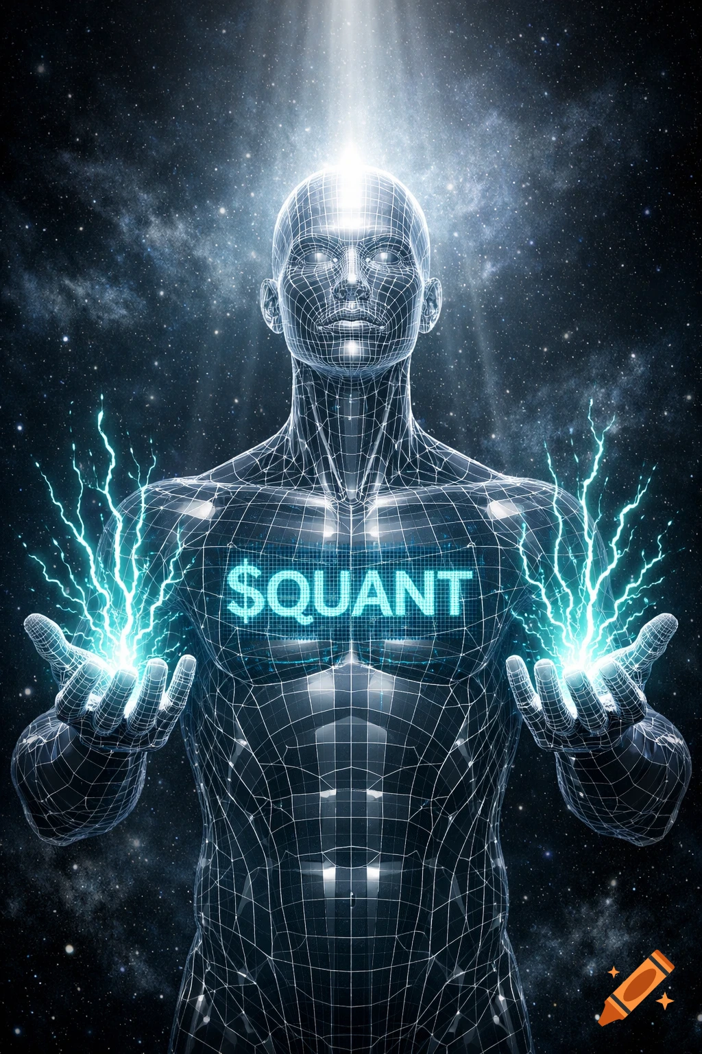 A glowing wireframe humanoid figure in deep space holds blue electricity, with "$QUANT" on its chest.