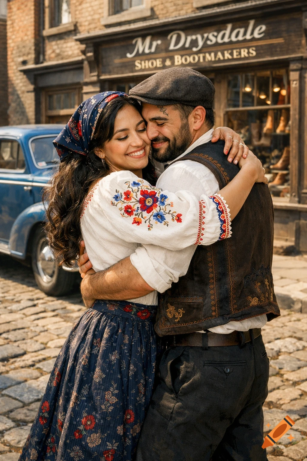 Happy couple embracing and smiling on a cobblestone street in front of a vintage shoe shop, in a realistic style.
