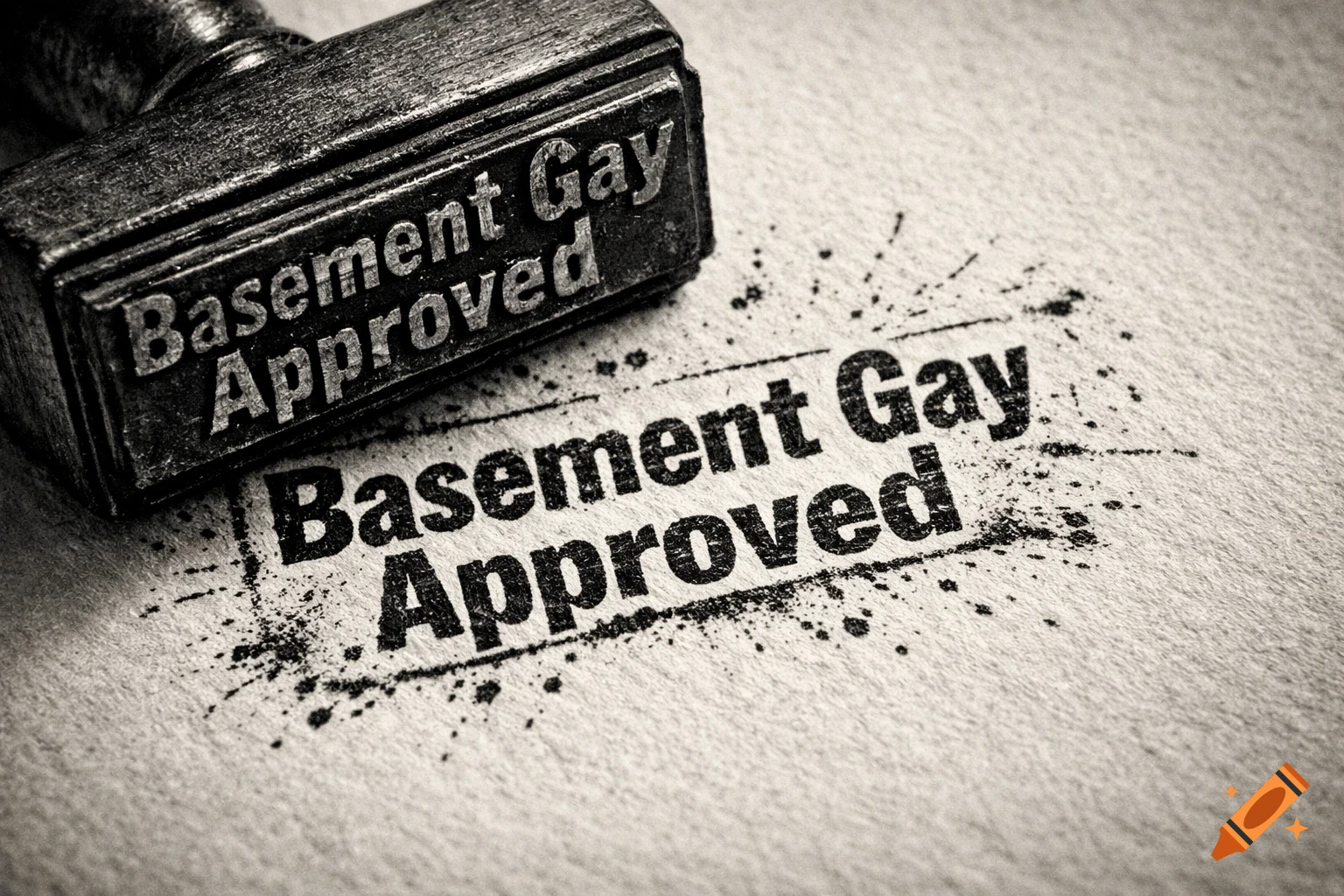 A monochrome image of an approval stamp and its imprint on textured paper, both reading 'Basement Gay Approved' with ink splatters.