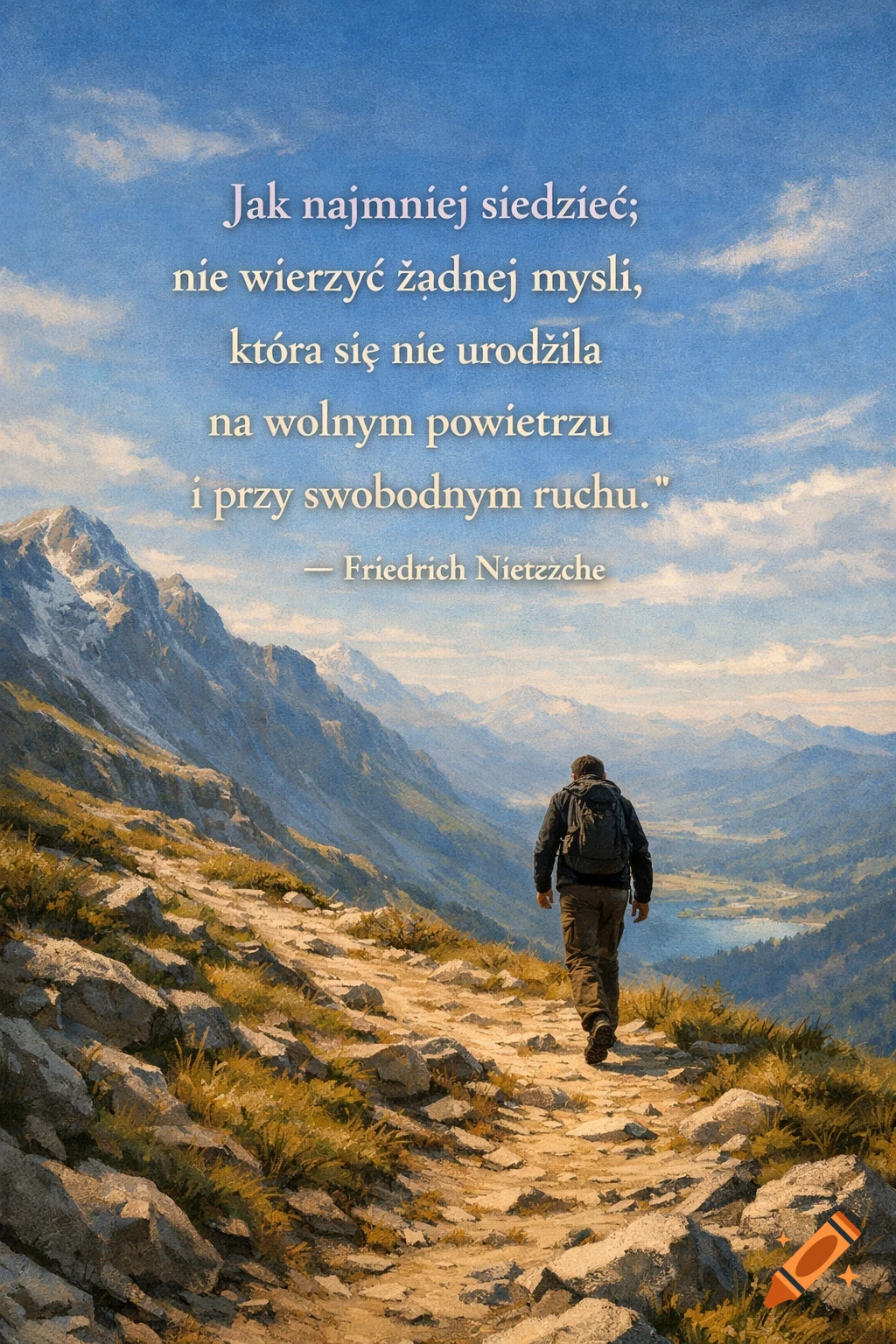 A man with a backpack hikes a rocky mountain path overlooking a valley with a lake, under a blue sky with a quote by Friedrich Nietzsche.