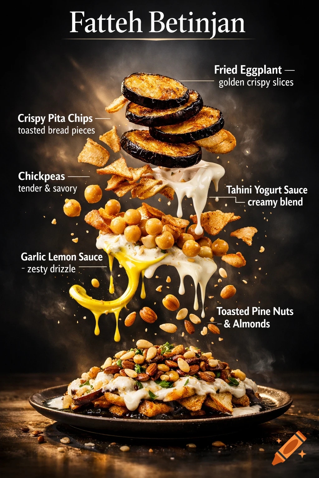 Deconstructed Fatteh Betinjan with layers of fried eggplant, pita chips, chickpeas, tahini yogurt, garlic lemon sauce, and nuts floating above a finished dish.