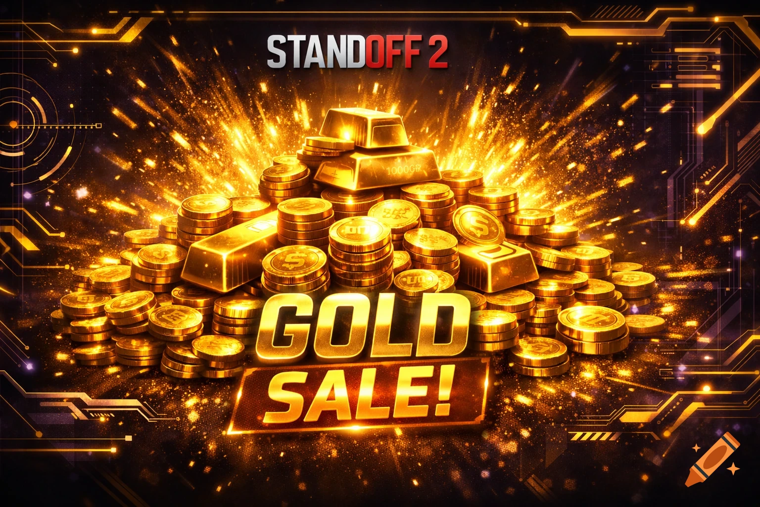 Gleaming pile of gold bars and coins for a STANDOFF 2 GOLD SALE! banner, set against a dark, glowing tech-themed background.