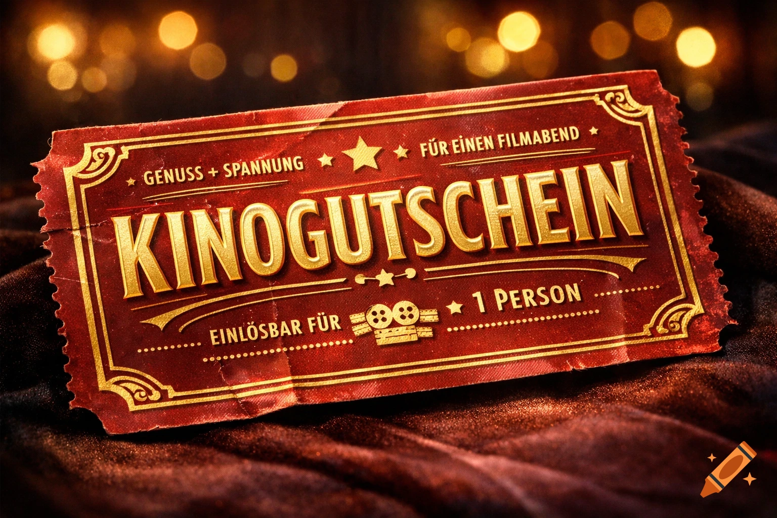 A red and gold vintage-style cinema gift voucher with ornate borders, 'KINOGUTSCHEIN' in bold text, on a dark, shimmering background with bokeh lights.
