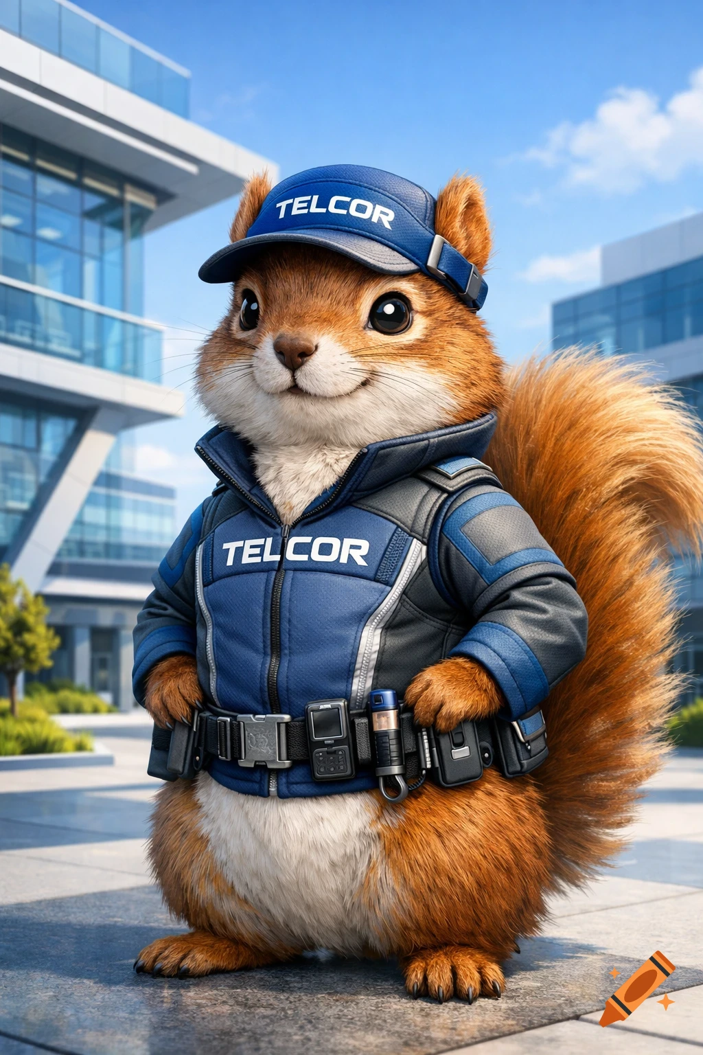 A confident, fluffy squirrel wearing a blue 'TELCOR' cap and jacket with a utility belt, standing in front of a modern office building.