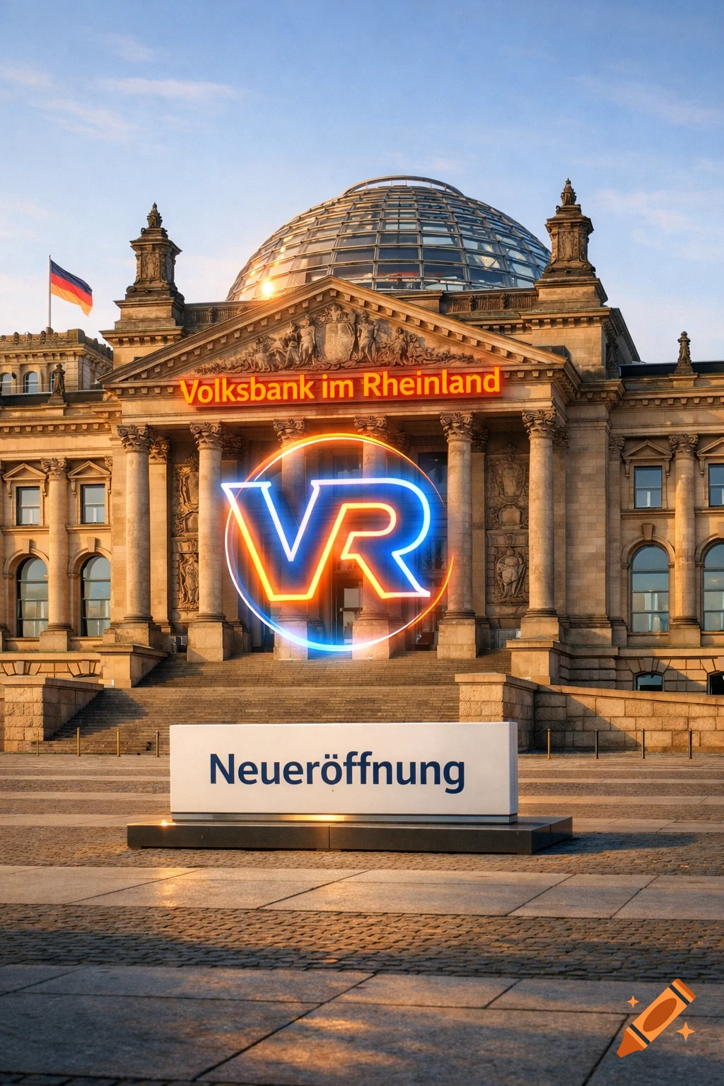 The Reichstag building in Berlin at sunset, with "Volksbank im Rheinland" in orange neon, a glowing VR logo, and a "Neueröffnung" sign.