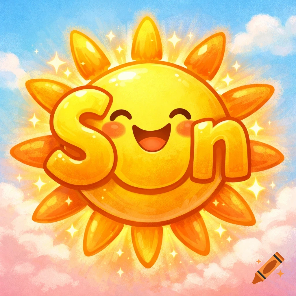 A bright, happy cartoon sun with a smiling face and the word 'Sun' written on it, set against a blue and pink sky with clouds.