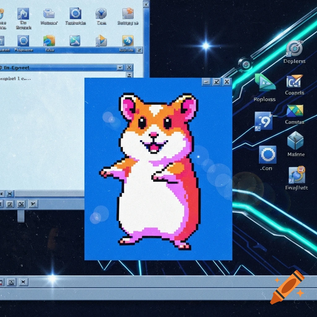 A retro-style computer desktop featuring a pixel art hamster in a blue window, set against a dark circuit board background.