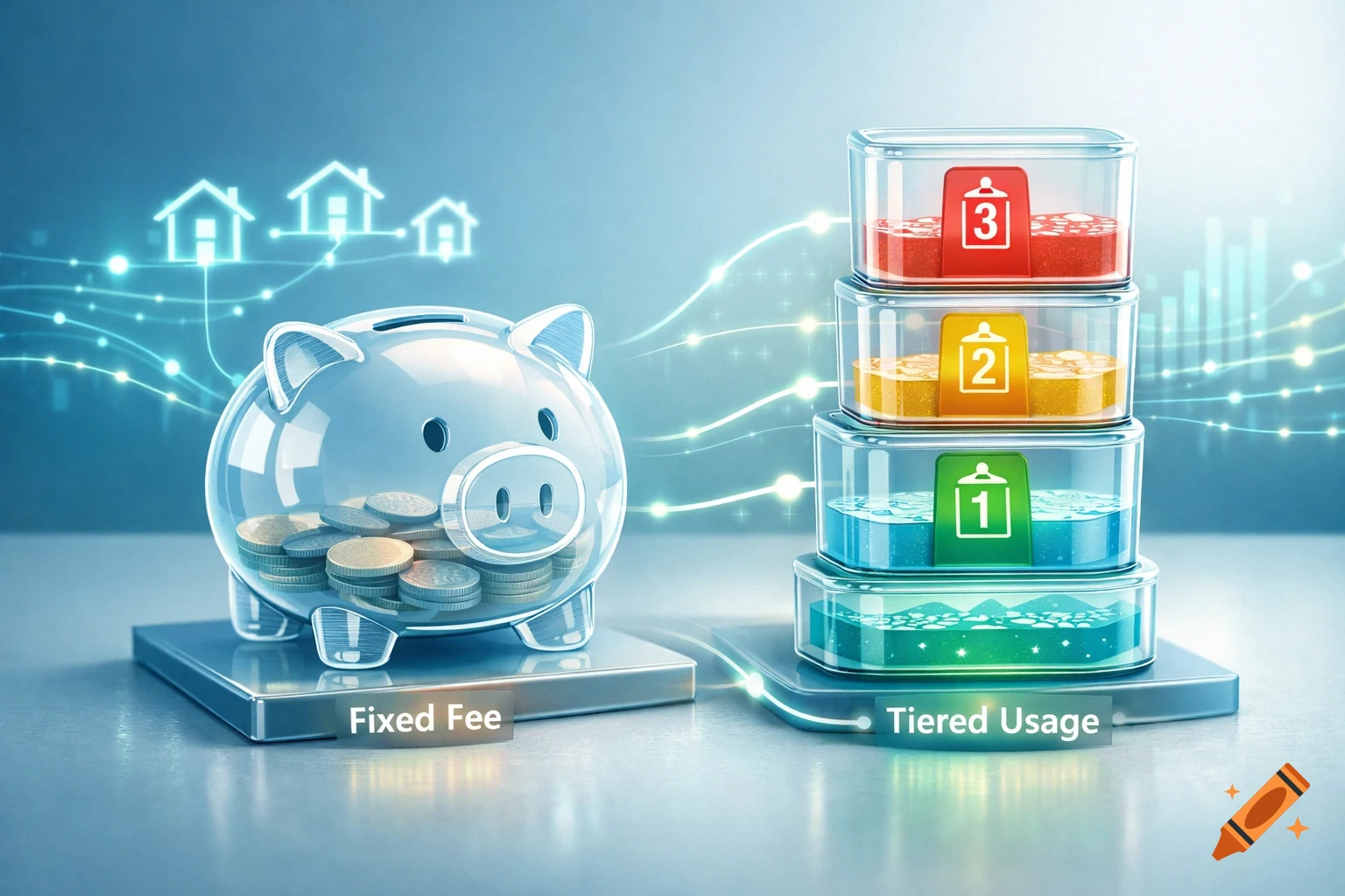 Clear piggy bank with coins next to tiered usage containers, connected by glowing lines. Text reads 'Fixed Fee' and 'Tiered Usage'.