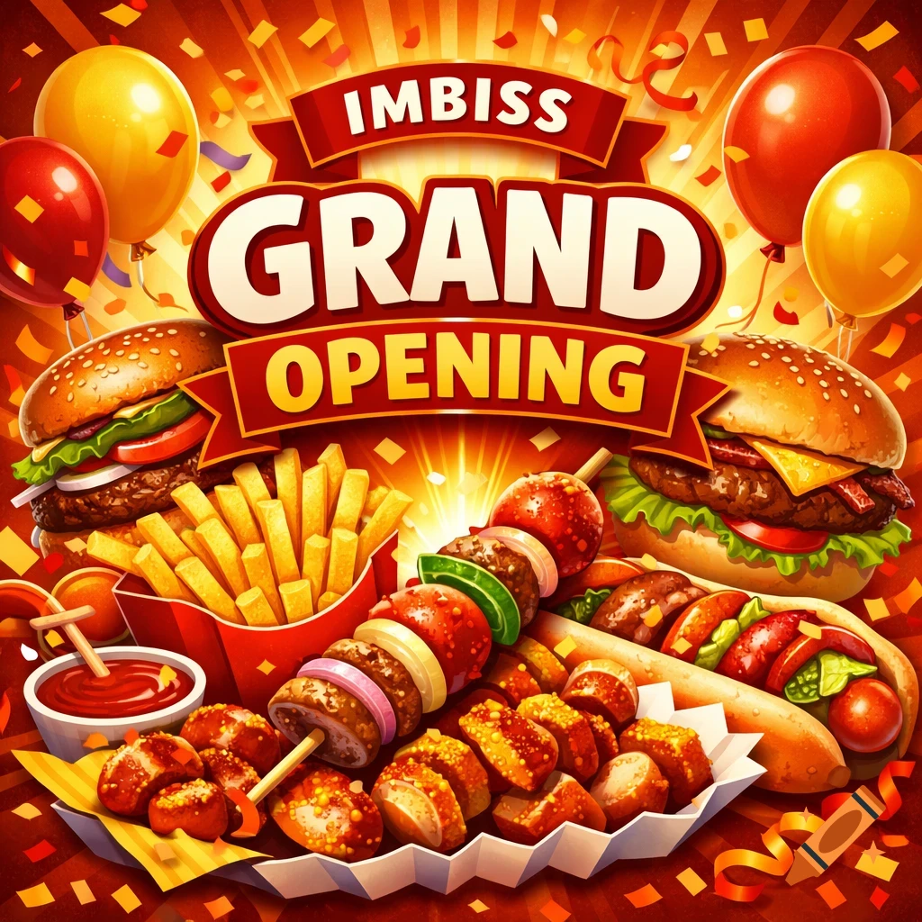 Vibrant flyer for an 'IMBISS GRAND OPENING' featuring burgers, fries, hot dogs, skewers, and nuggets with balloons and confetti.